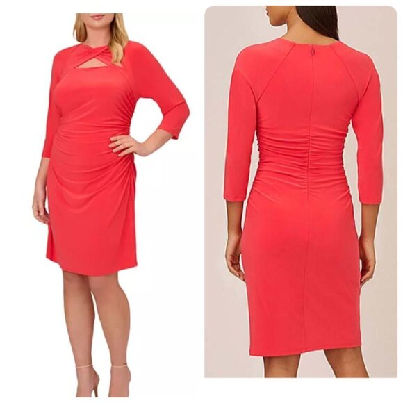 Adrianna Papell Cutout Ruched Jersey Dress Sz 14W in Red Hibiscus - Picture 1 of 10